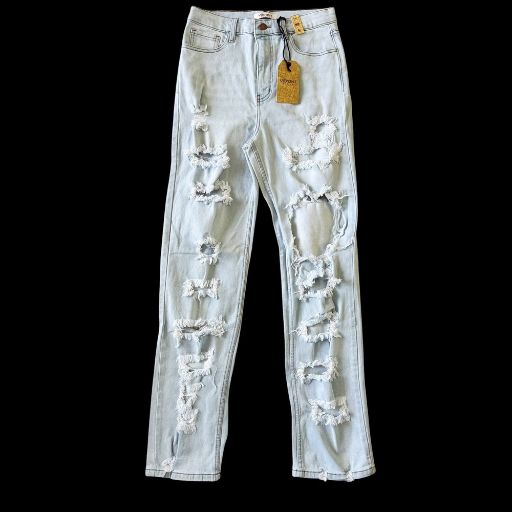 Vibrant MIU High Rise Distressed Straight Jeans Light Wash‎ sz 9 28 Ripped NWT